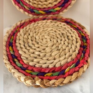 Pair of Handmade Boho Style Round Woven Raffia/Straw Trivets w/ Colorful Trim